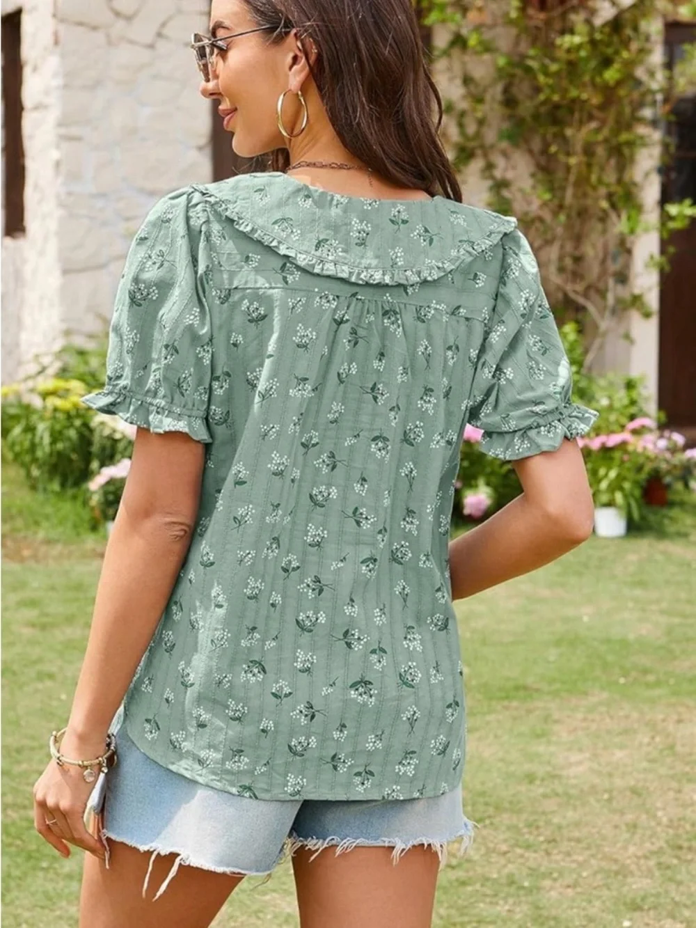 Ecowish Sage Green Floral Puff-Sleeve Button Front Blouse - Picture 7 of 16